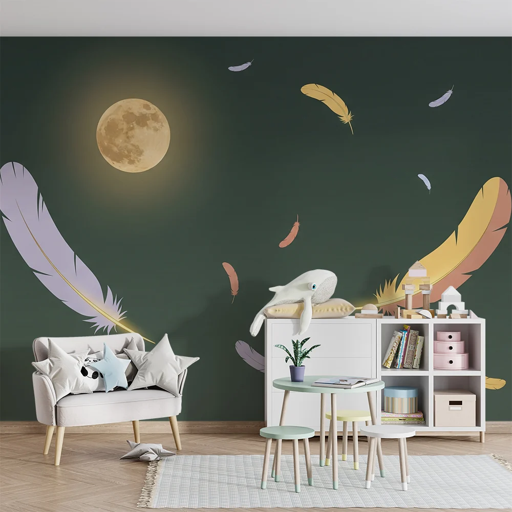 Papel de parede quarto bebê | Perje plutaju ispod mjeseca s tamnozelenom pozadinom