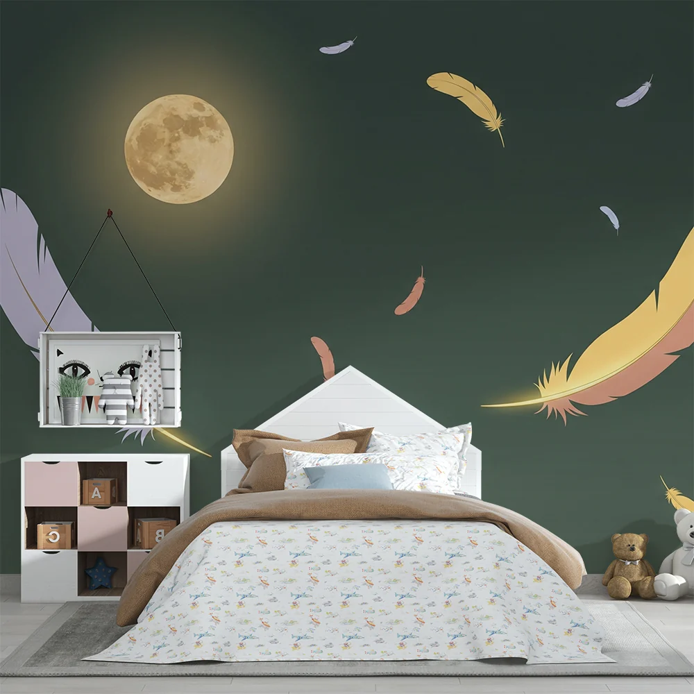 Papel de parede quarto bebê | Perje plutaju ispod mjeseca s tamnozelenom pozadinom