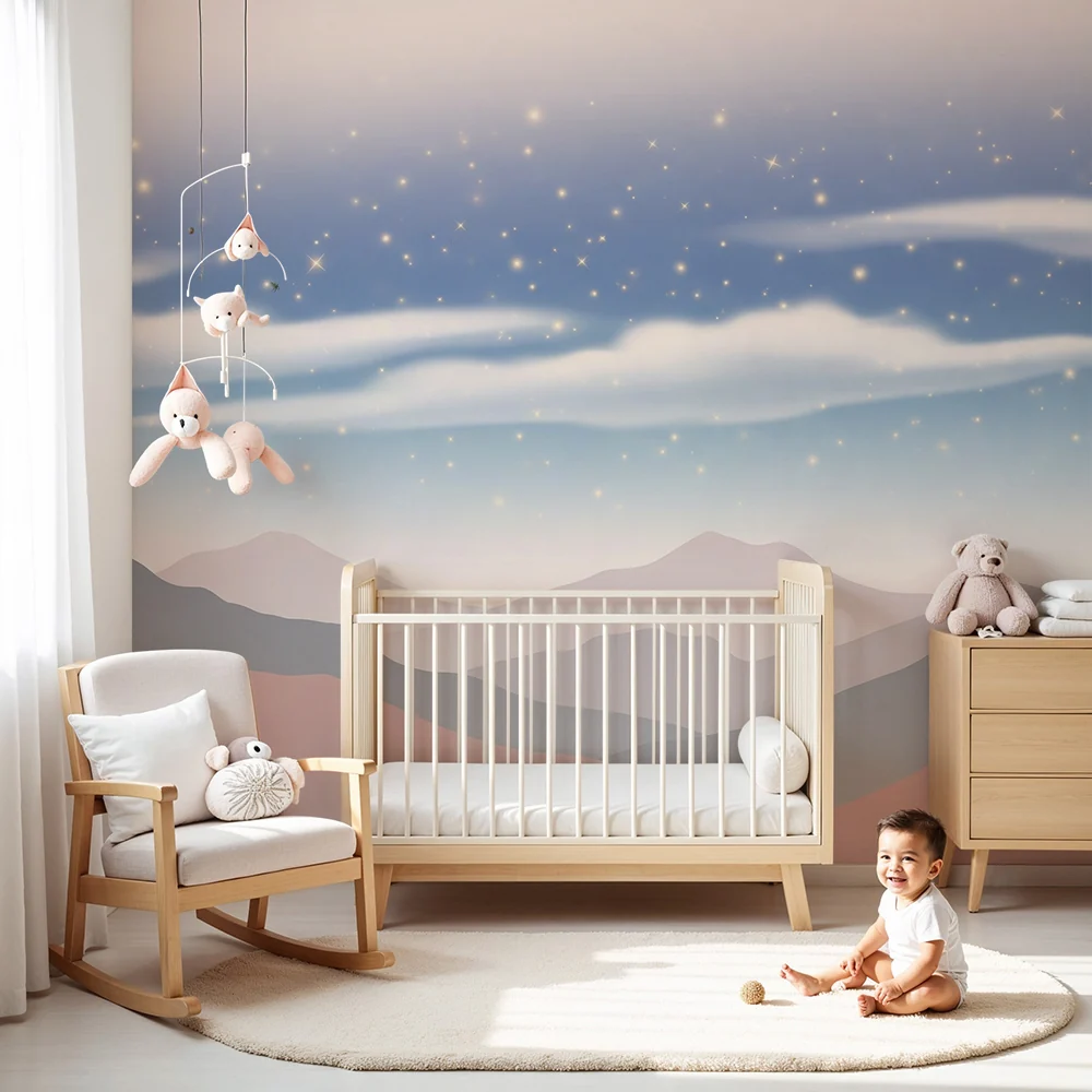 Papel de parede quarto bebê | Planinska zvjezdana krajolika s mekanim oblacima