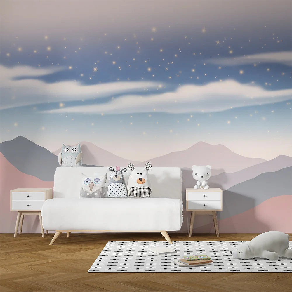 Papel de parede quarto bebê | Planinska zvjezdana krajolika s mekanim oblacima