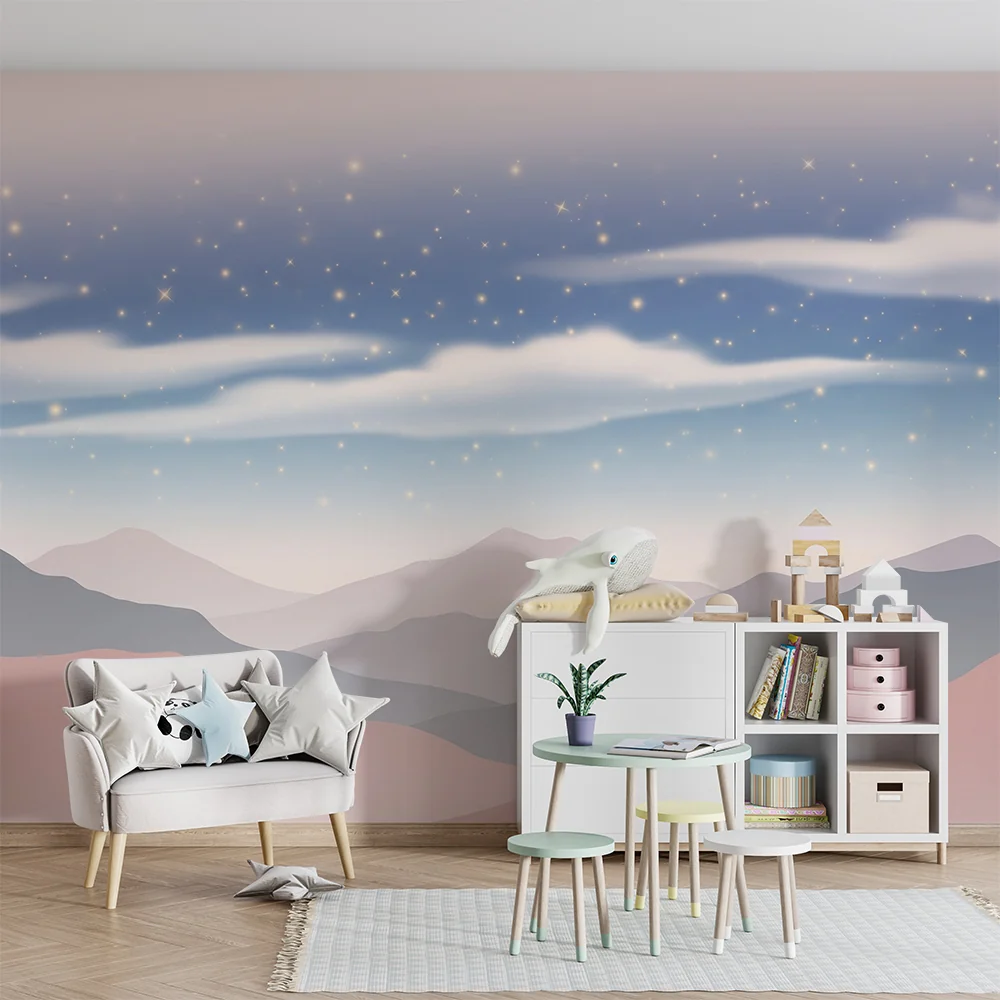 Papel de parede quarto bebê | Planinska zvjezdana krajolika s mekanim oblacima