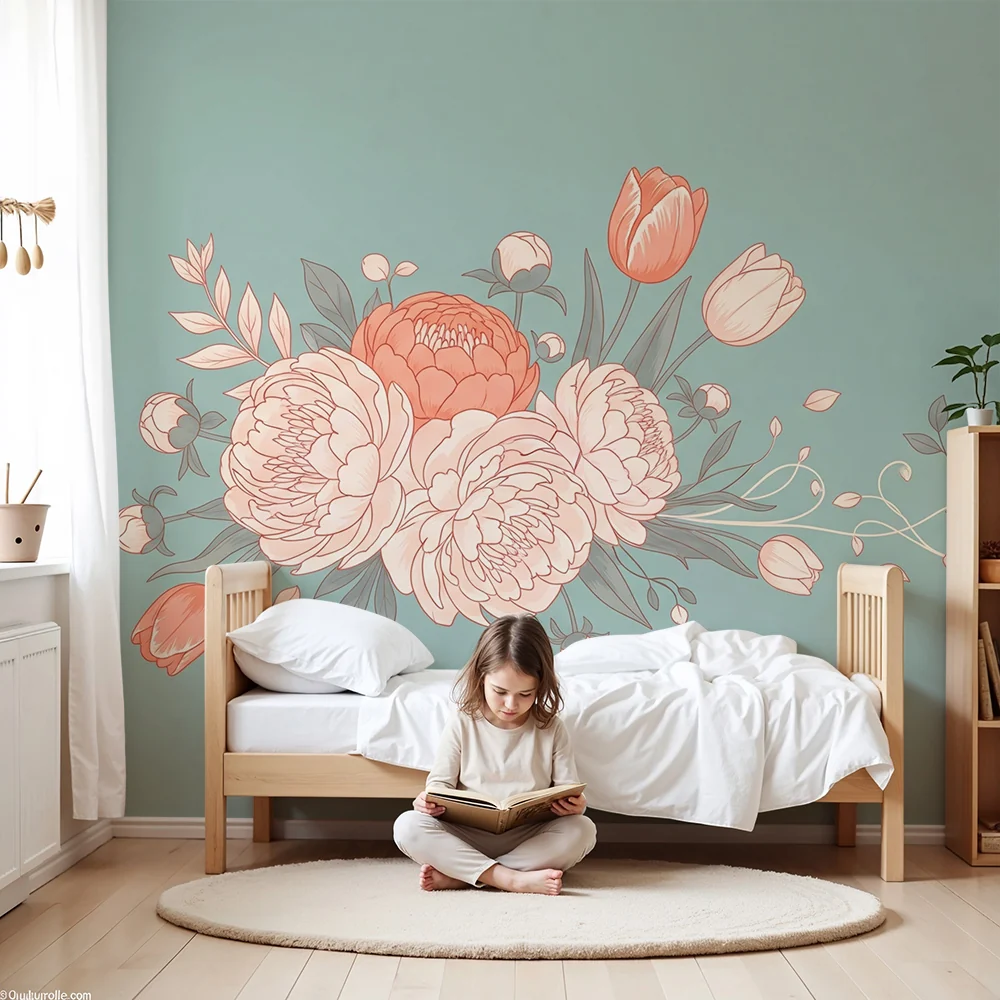 Papel de parede quarto bebê | Prekrasan dvostruki cvjetni buket na plavoj pozadini