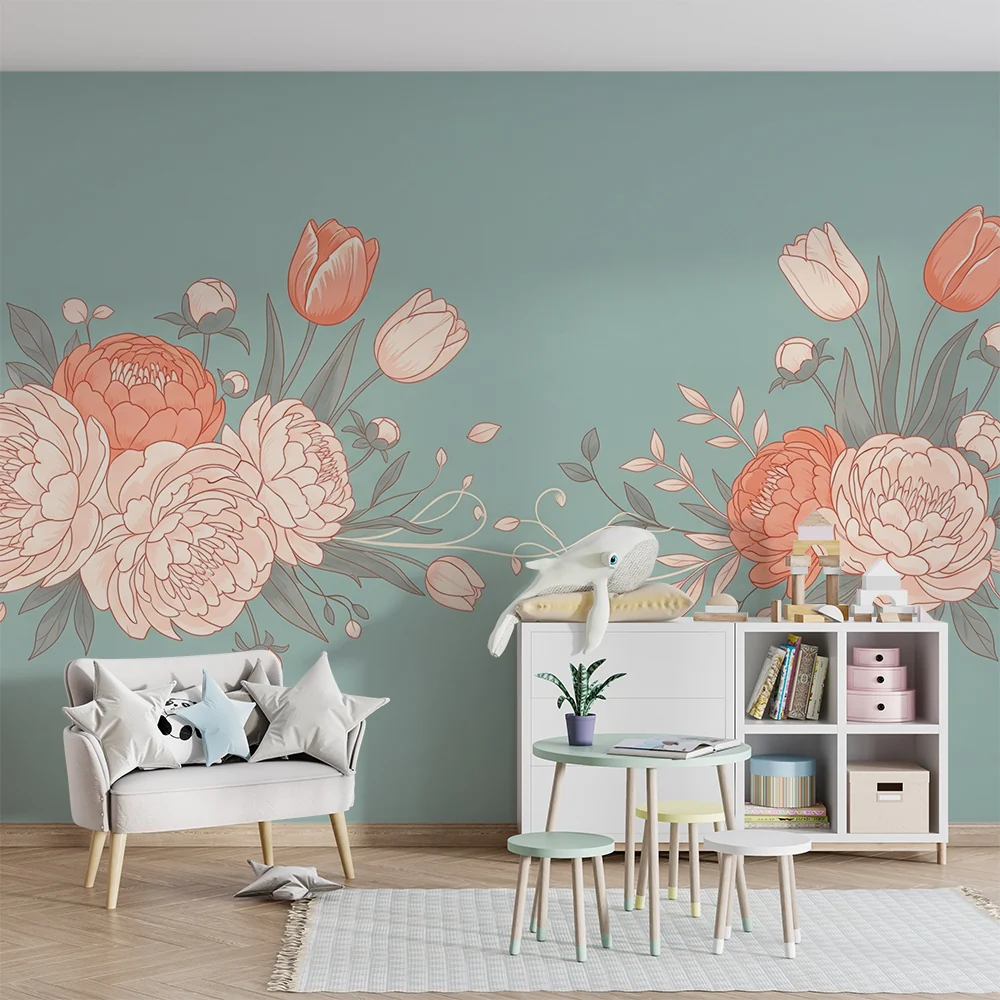 Papel de parede quarto bebê | Prekrasan dvostruki cvjetni buket na plavoj pozadini