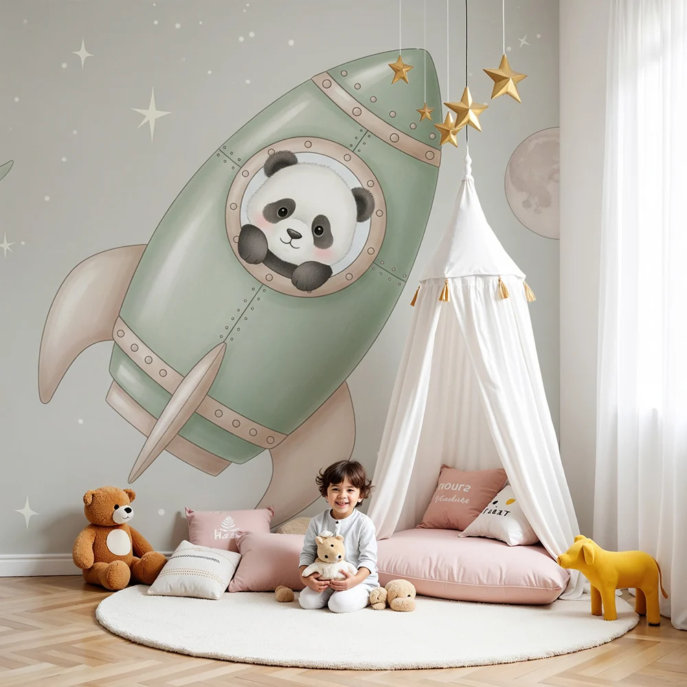 Papel de parede quarto bebê | Raketa i panda astronaut u svemiru