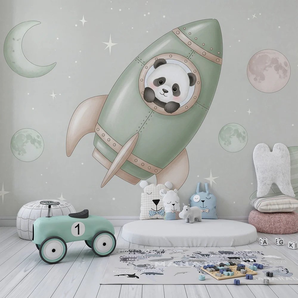 Papel de parede quarto bebê | Raketa i panda astronaut u svemiru