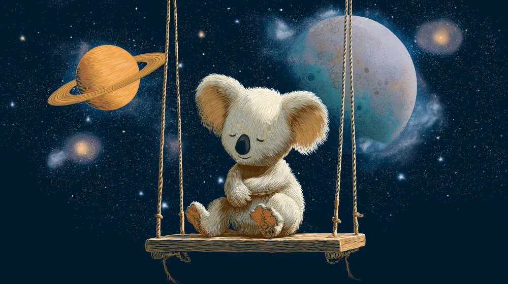 Papel de parede quarto bebê | Sanjivi koala u svemiru s šarenim planetama