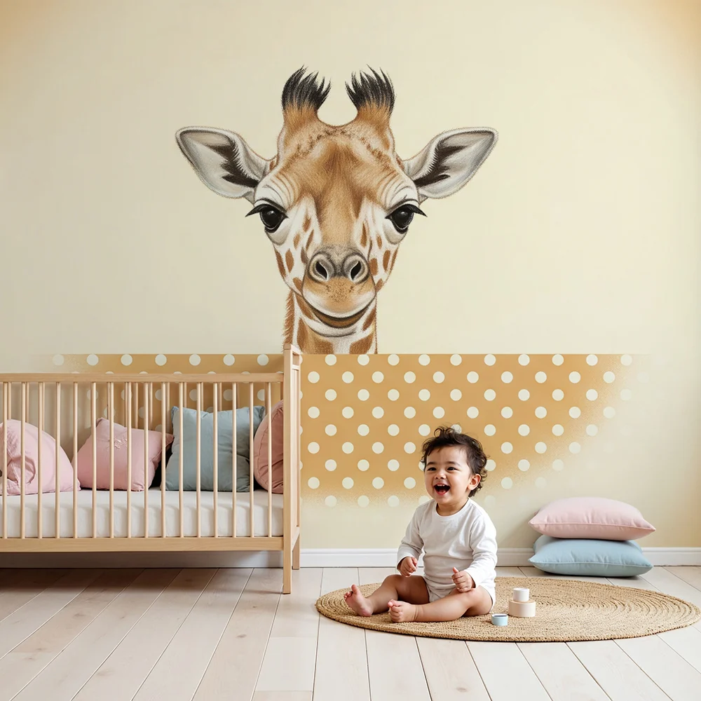Papel de parede quarto bebê | Simpática girafa com olhar doce em fundo pastel