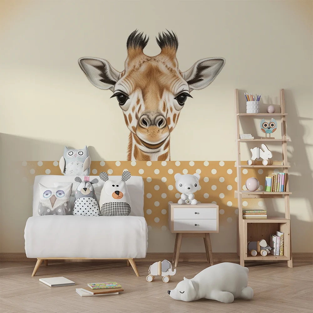 Papel de parede quarto bebê | Simpática girafa com olhar doce em fundo pastel