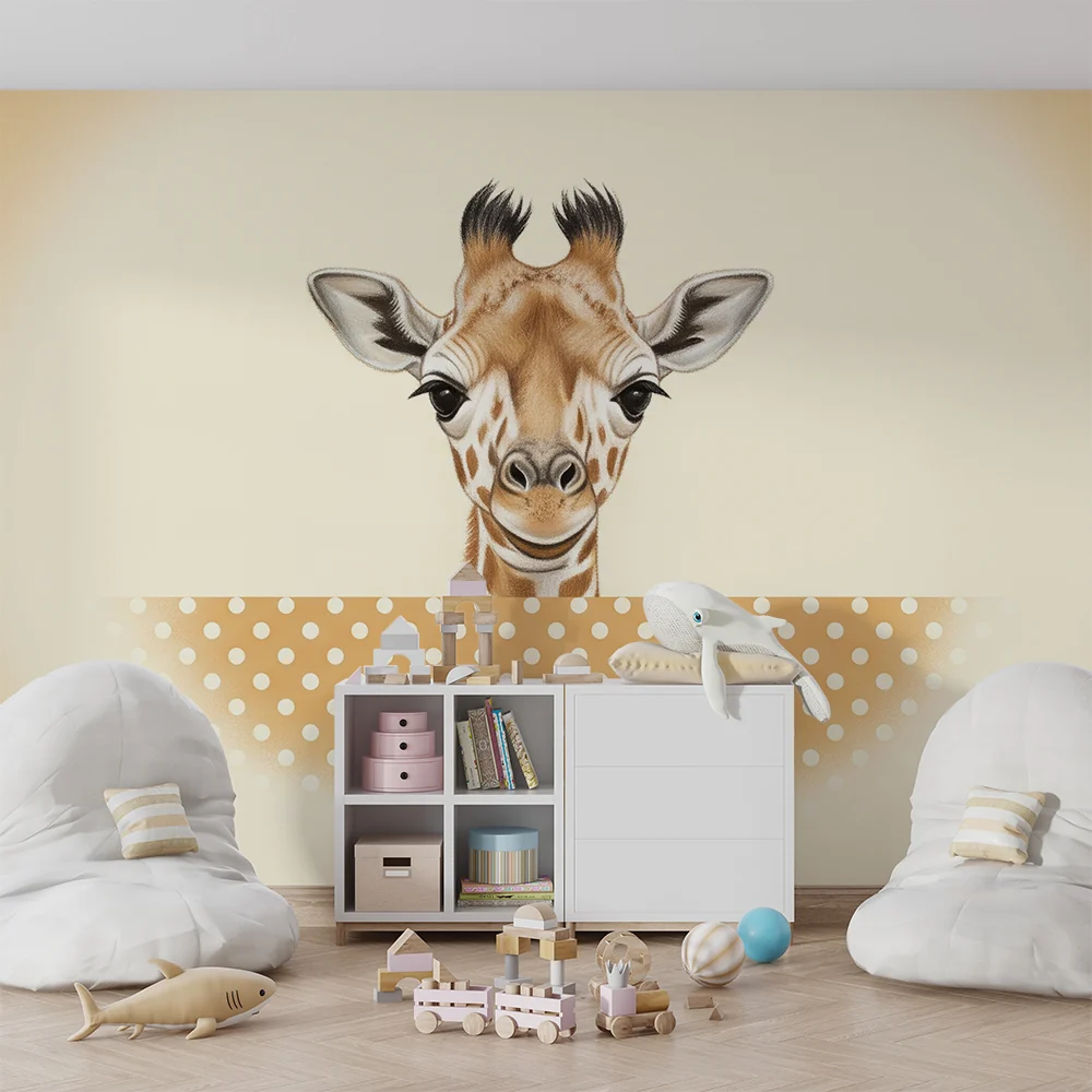 Papel de parede quarto bebê | Simpática girafa com olhar doce em fundo pastel