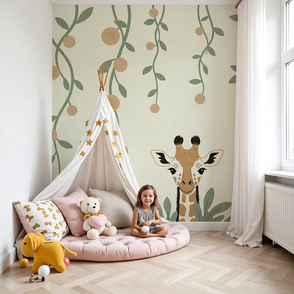 Papel de parede quarto bebê | Simpática girafa e folhagem tropical