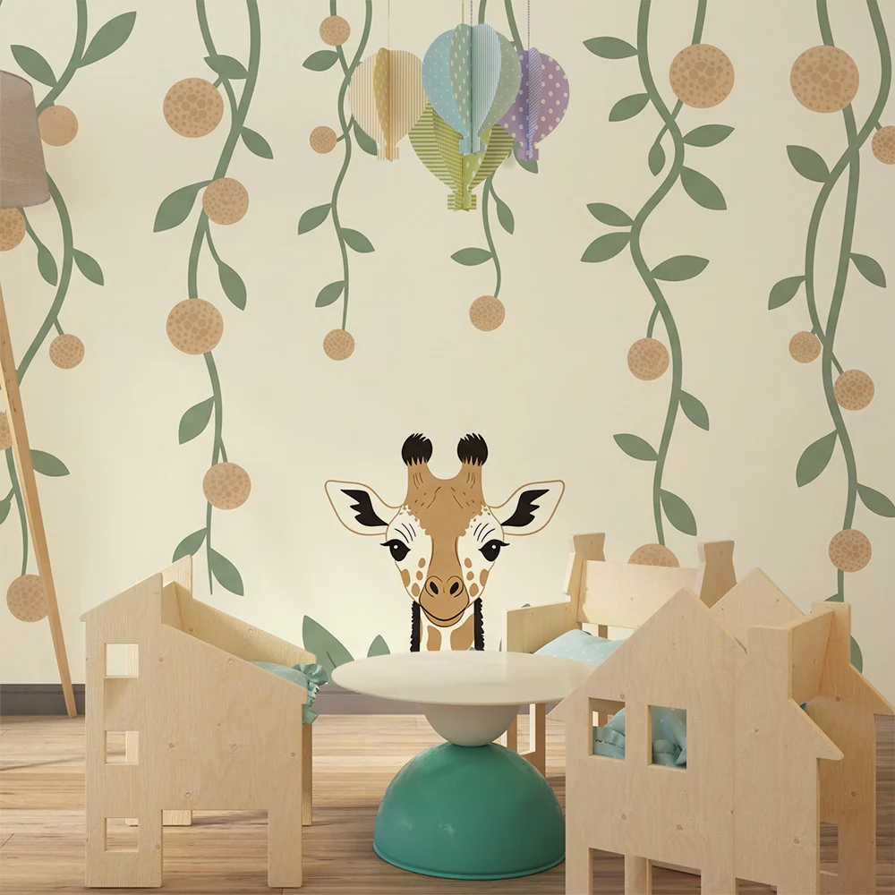 Papel de parede quarto bebê | Simpática girafa e folhagem tropical