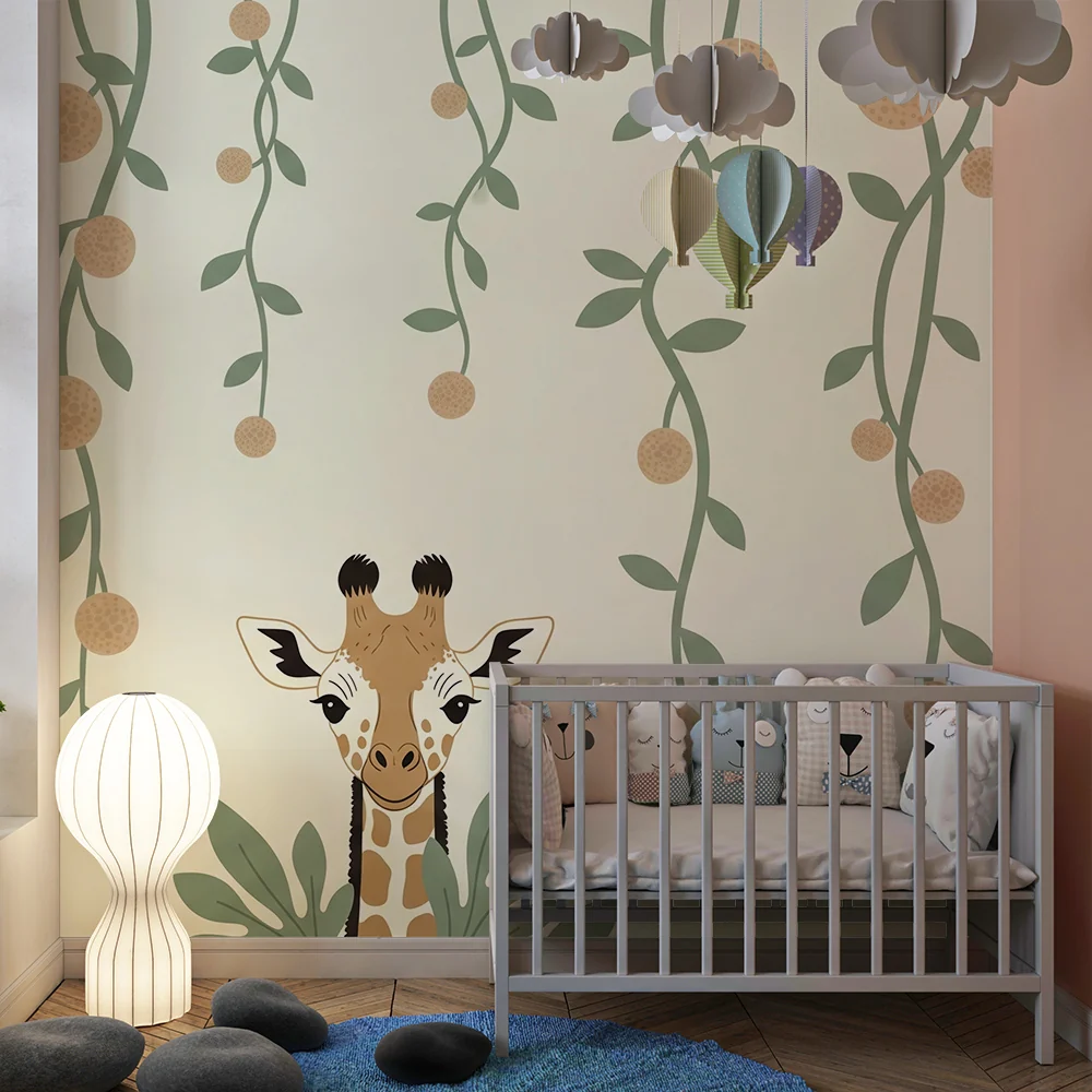 Papel de parede quarto bebê | Simpática girafa e folhagem tropical