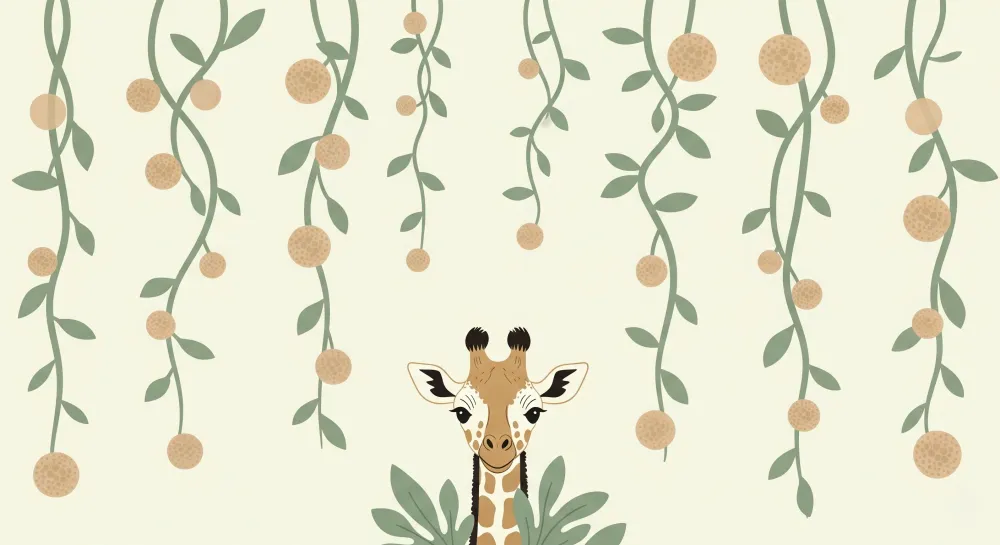 Papel de parede quarto bebê | Simpática girafa e folhagem tropical