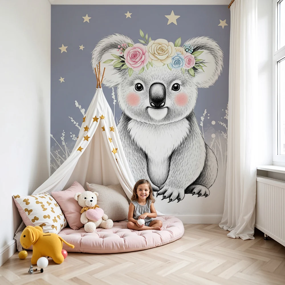 Papel de parede quarto bebê | Simpático coala sob as estrelas