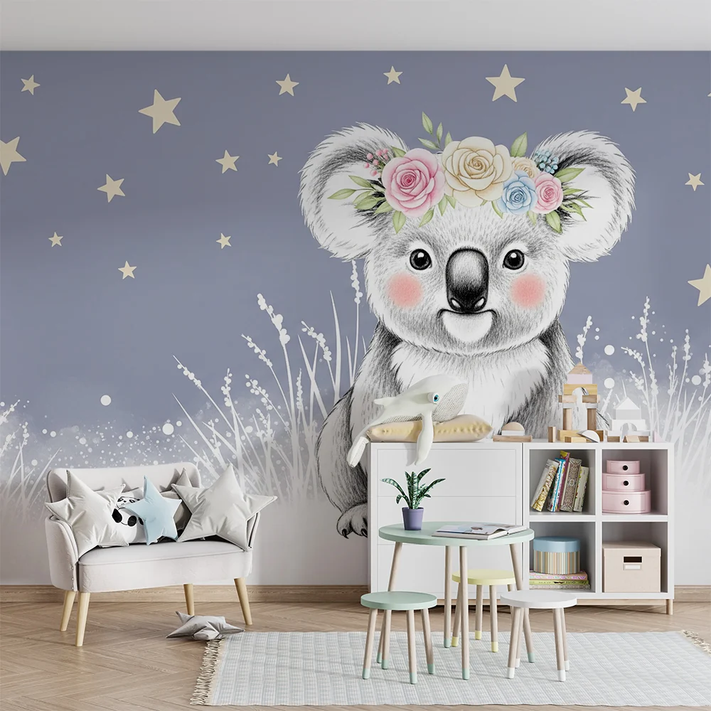 Papel de parede quarto bebê | Simpático coala sob as estrelas
