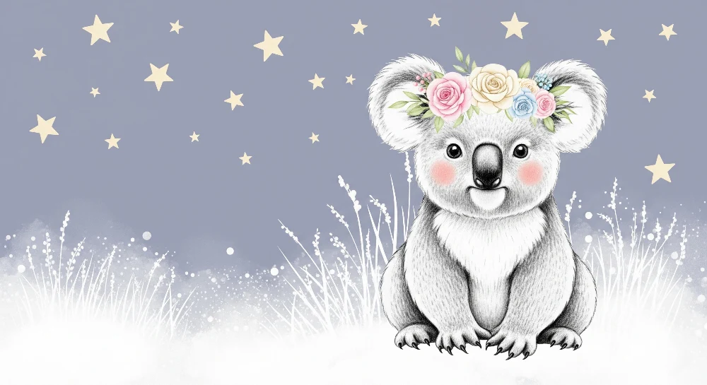 Papel de parede quarto bebê | Simpático coala sob as estrelas