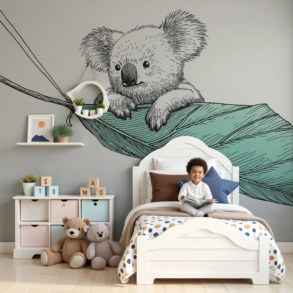 Papel de parede quarto bebê | Simpático coala em uma folha