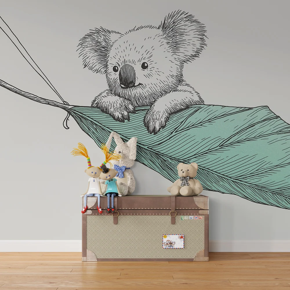 Papel de parede quarto bebê | Simpático coala em uma folha