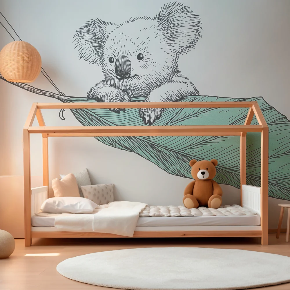 Papel de parede quarto bebê | Simpático coala em uma folha