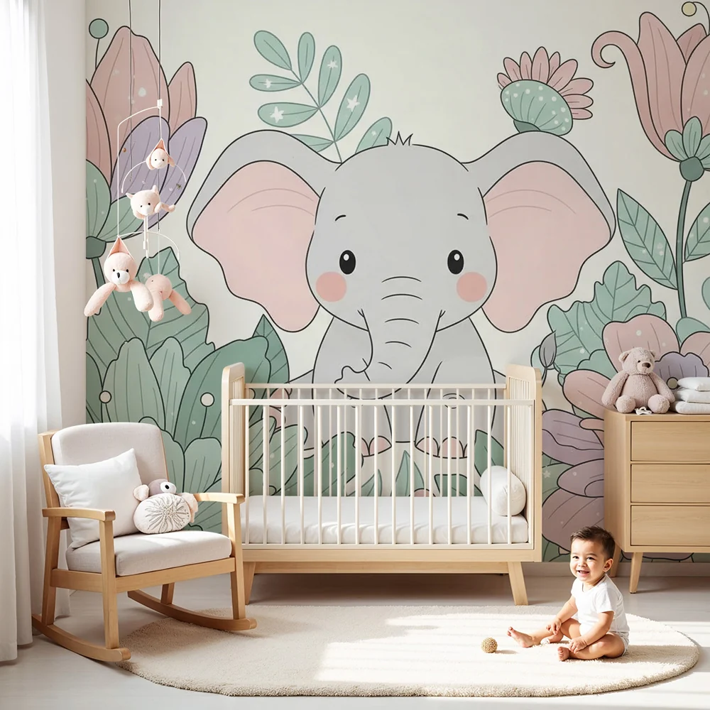 Papel de parede quarto bebê | Simpático elefante cercado por flores pastel