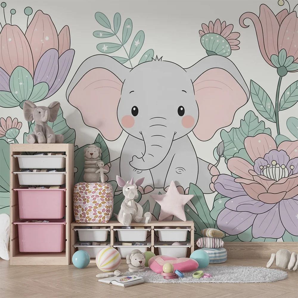 Papel de parede quarto bebê | Simpático elefante cercado por flores pastel