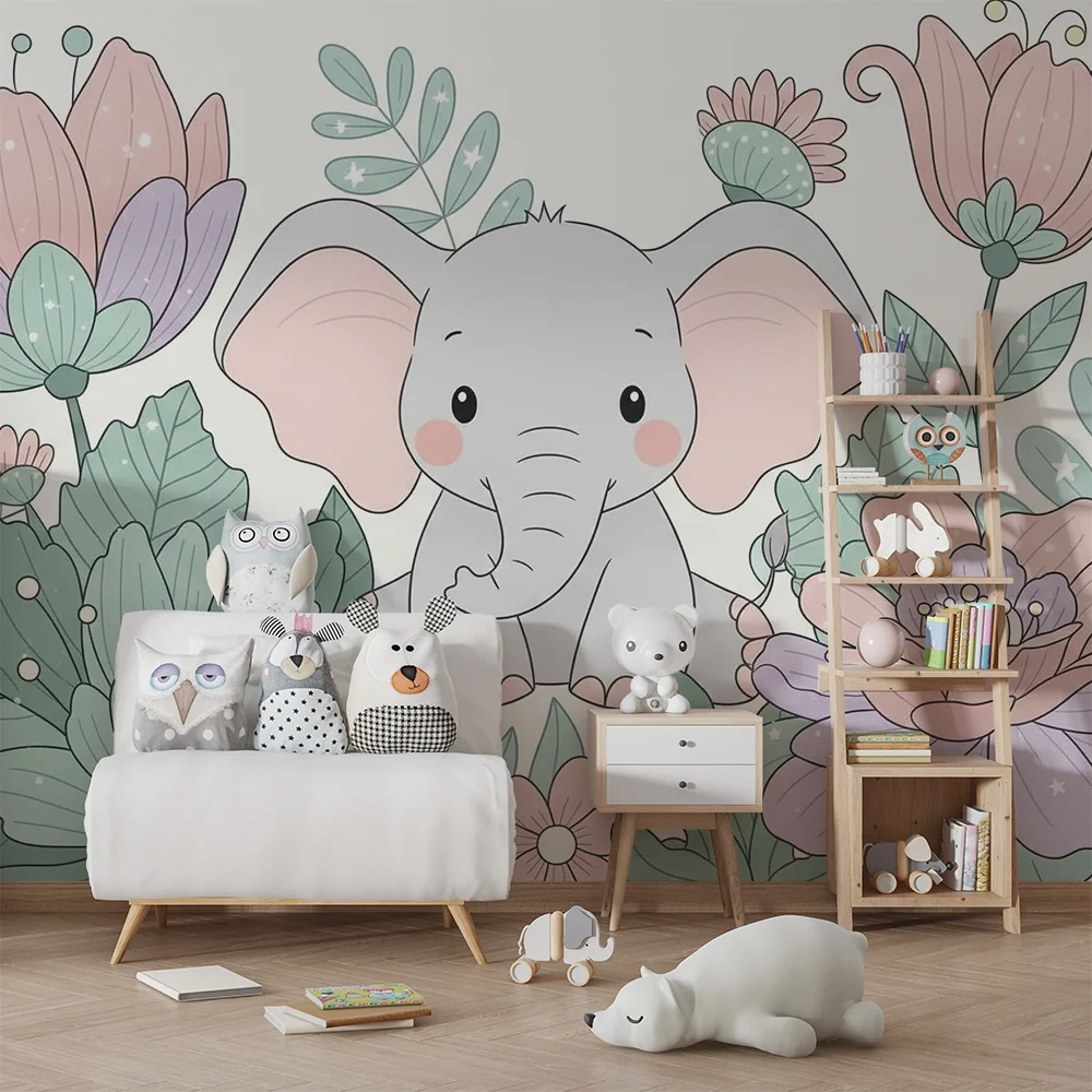 Papel de parede quarto bebê | Simpático elefante cercado por flores pastel