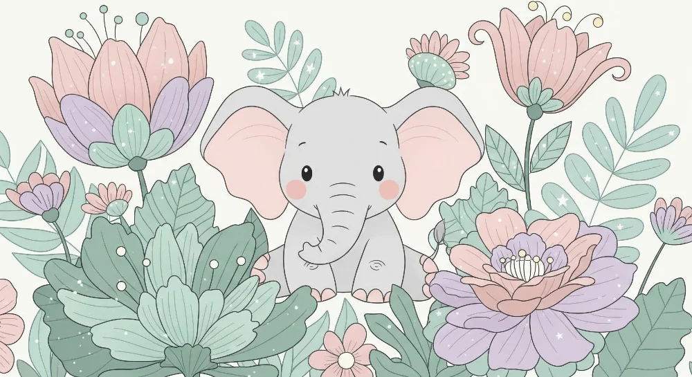 Papel de parede quarto bebê | Simpático elefante cercado por flores pastel