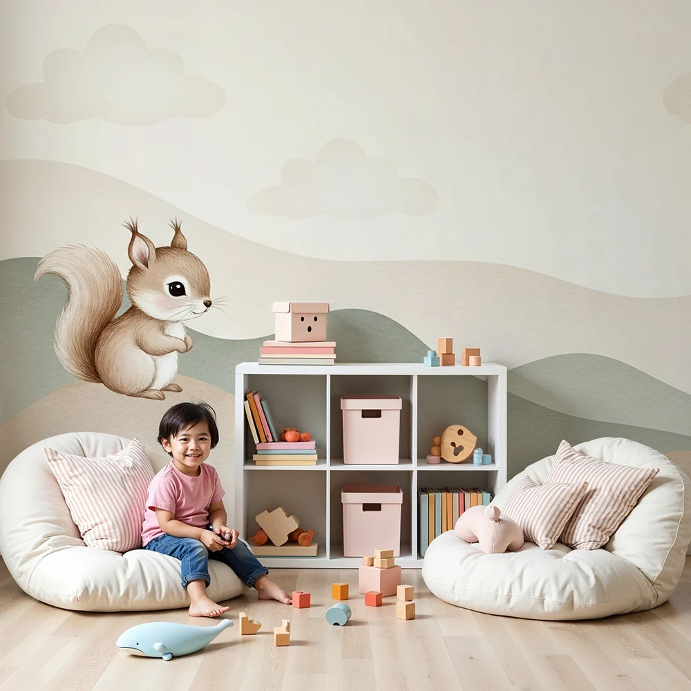 Papel de parede quarto bebê | Simpático esquilo em colinas suaves