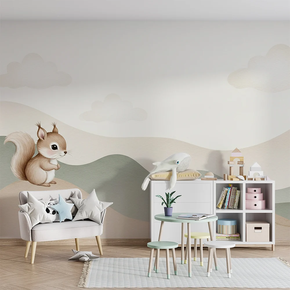 Papel de parede quarto bebê | Simpático esquilo em colinas suaves