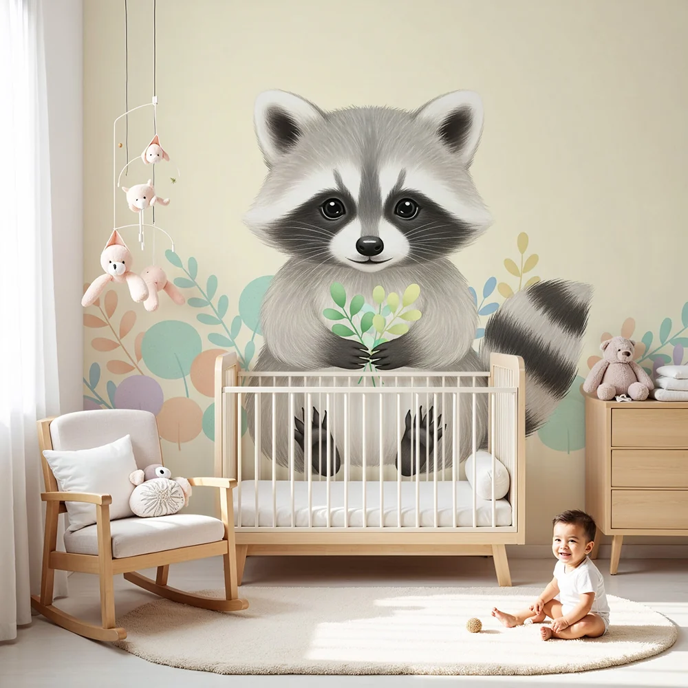 Papel de parede quarto bebê | Simpático guaxinim com folhas pastel
