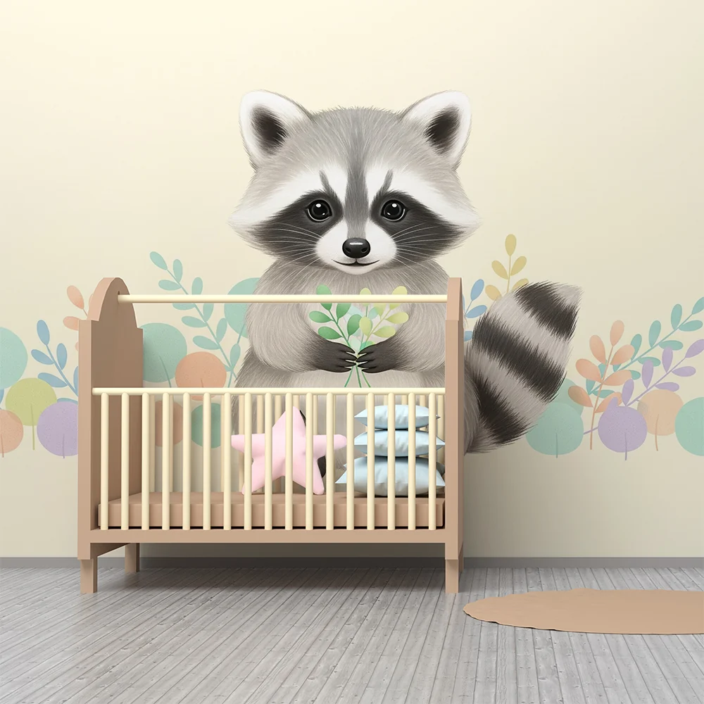 Papel de parede quarto bebê | Simpático guaxinim com folhas pastel