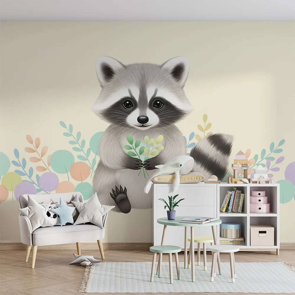 Papel de parede quarto bebê | Simpático guaxinim com folhas pastel