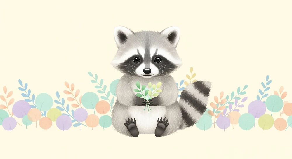 Papel de parede quarto bebê | Simpático guaxinim com folhas pastel