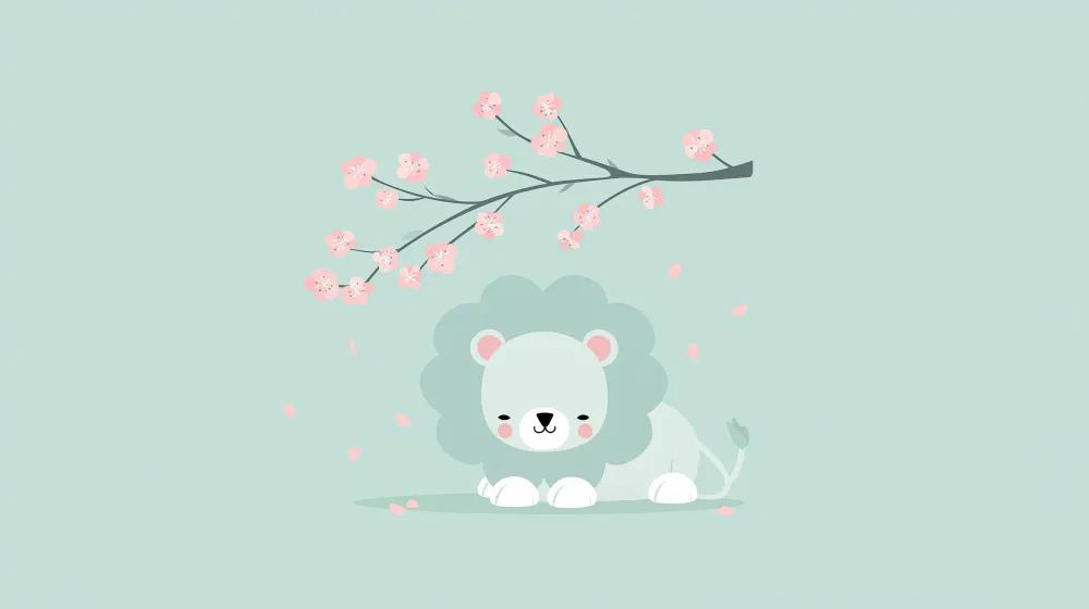 Papel de parede quarto bebê | Simpático leão sob um galho de cerejeira em flor