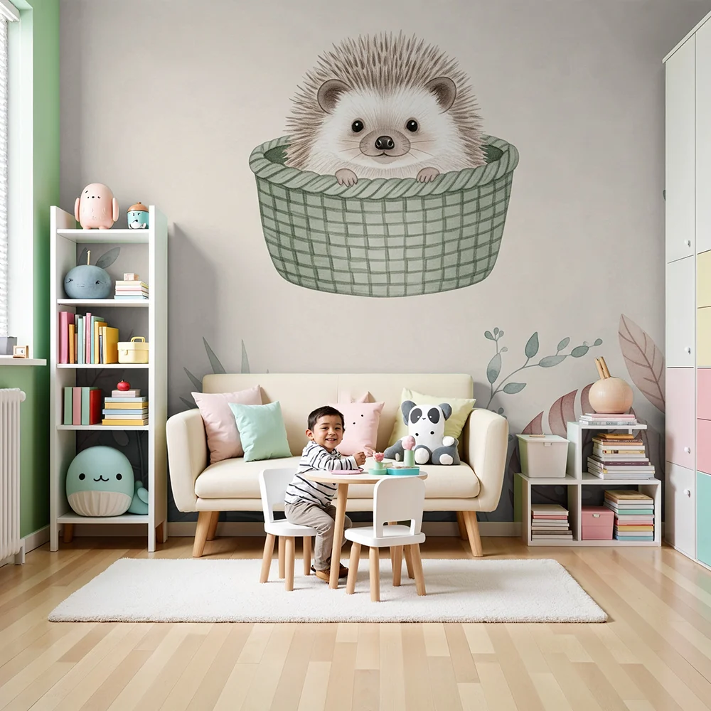 Papel de parede quarto bebê | Simpático ouriço em sua cesta