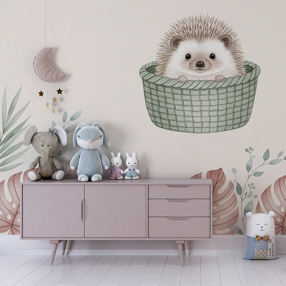 Papel de parede quarto bebê | Simpático ouriço em sua cesta