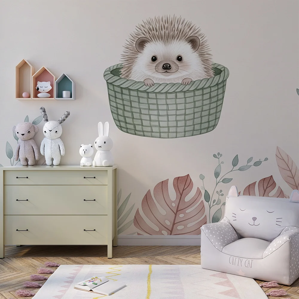 Papel de parede quarto bebê | Simpático ouriço em sua cesta