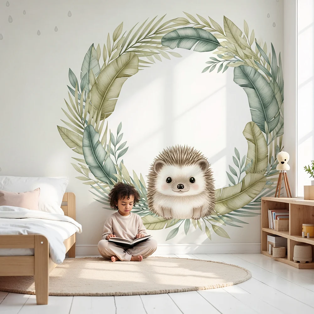 Papel de parede quarto bebê | Simpático ouriço e folhagem suave