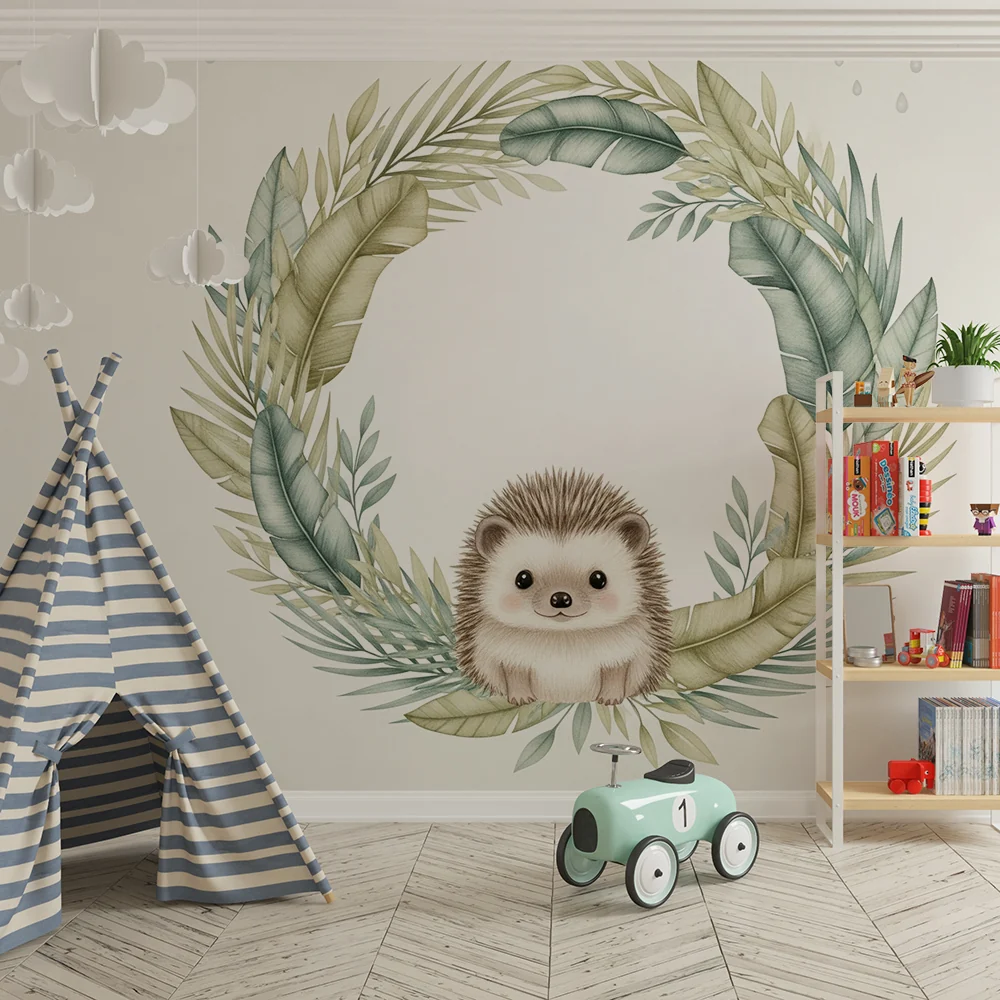 Papel de parede quarto bebê | Simpático ouriço e folhagem suave