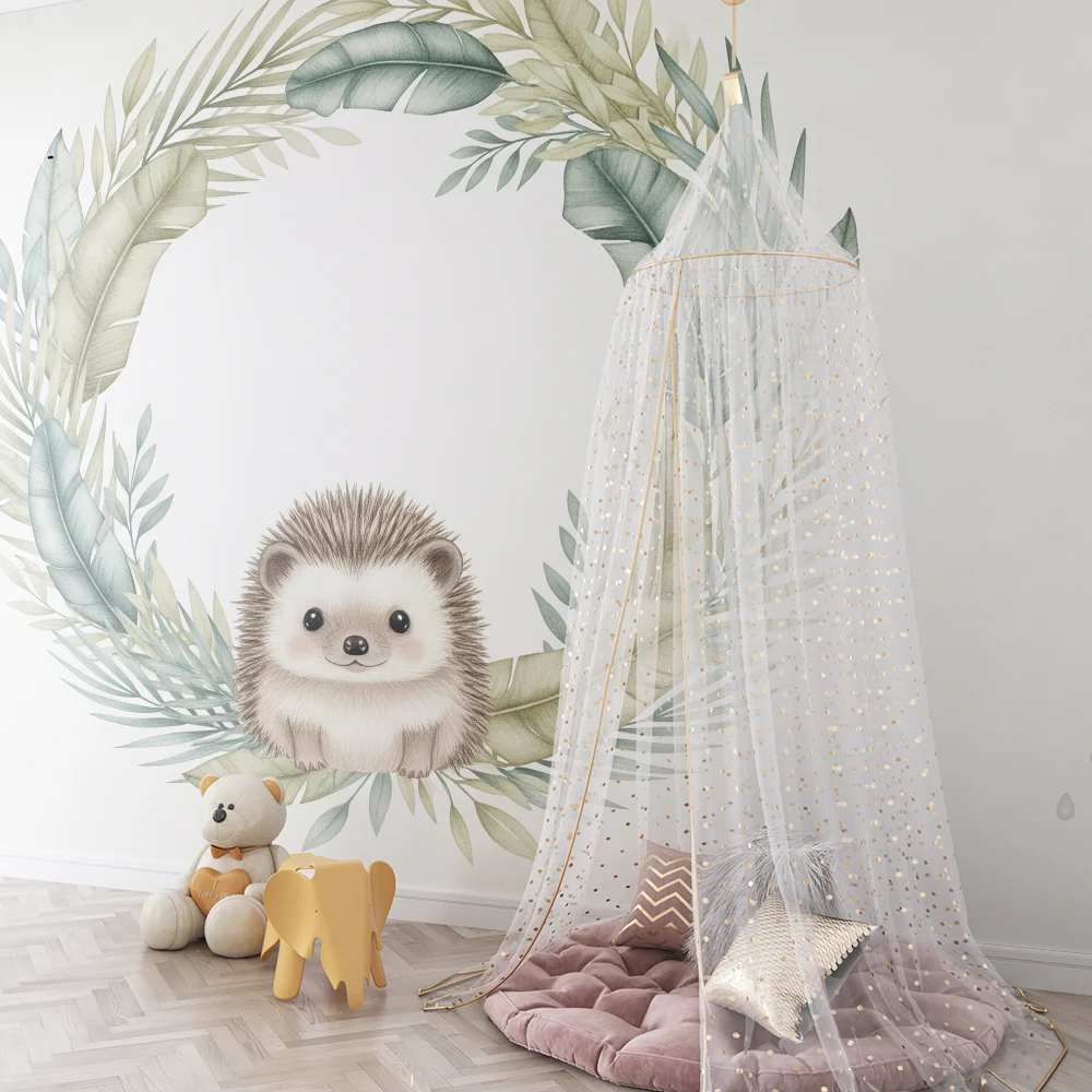 Papel de parede quarto bebê | Simpático ouriço e folhagem suave