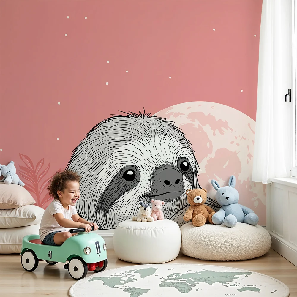 Papel de parede quarto bebê | Simpático preguiçoso sob lua rosa