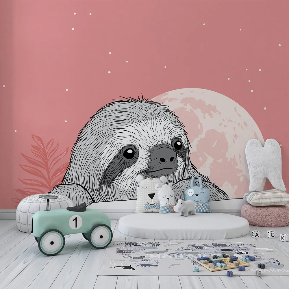 Papel de parede quarto bebê | Simpático preguiçoso sob lua rosa