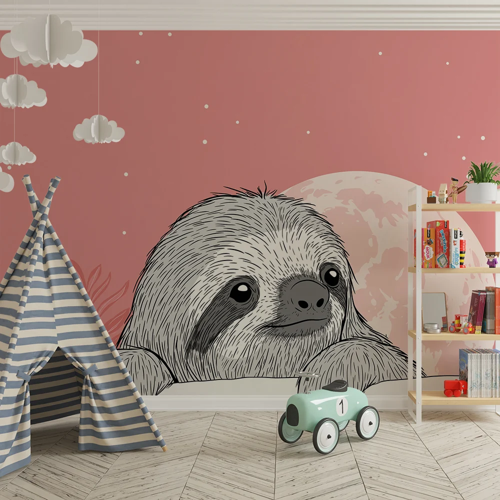 Papel de parede quarto bebê | Simpático preguiçoso sob lua rosa