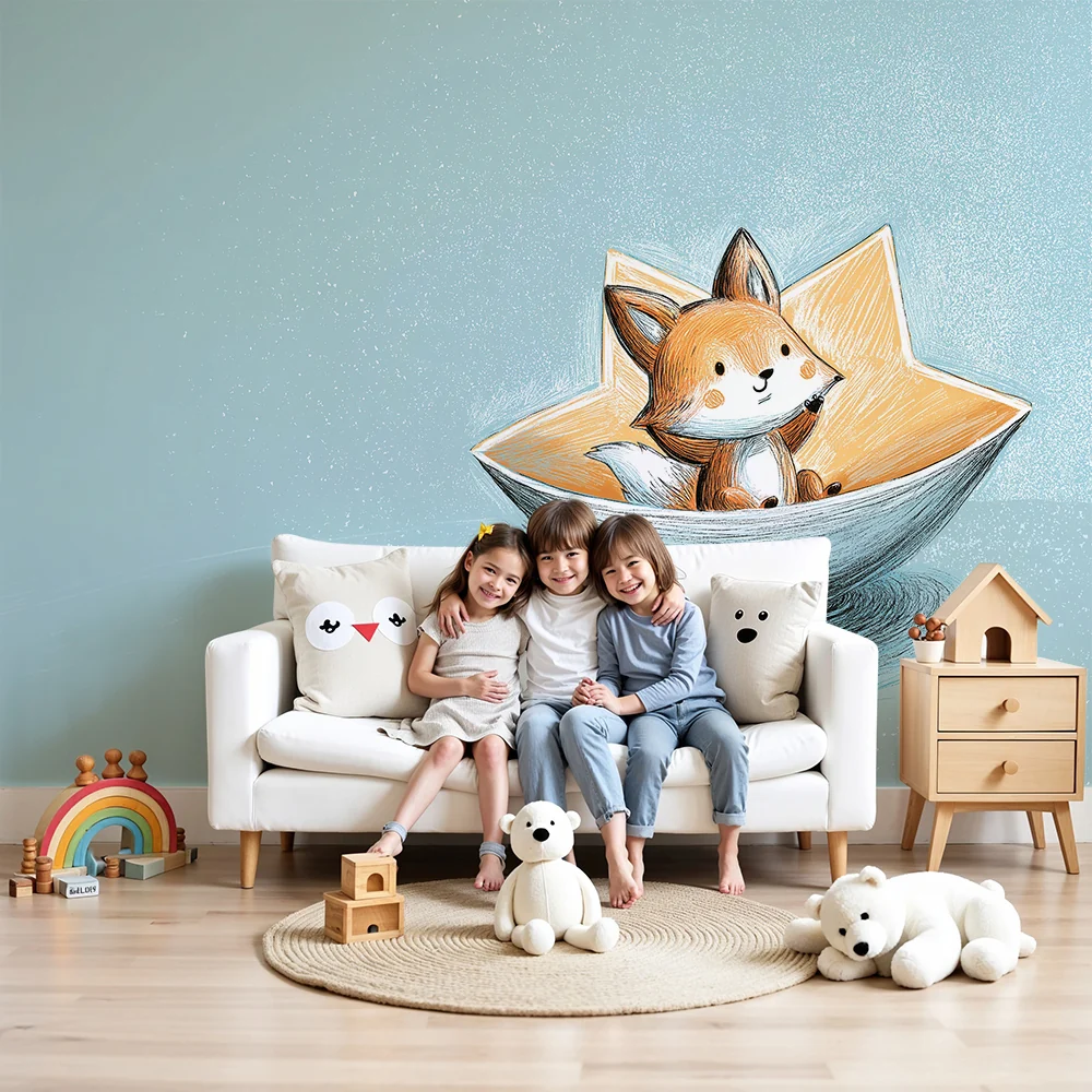 Papel de parede quarto bebê | Simpático raposinho em um barco estrelado