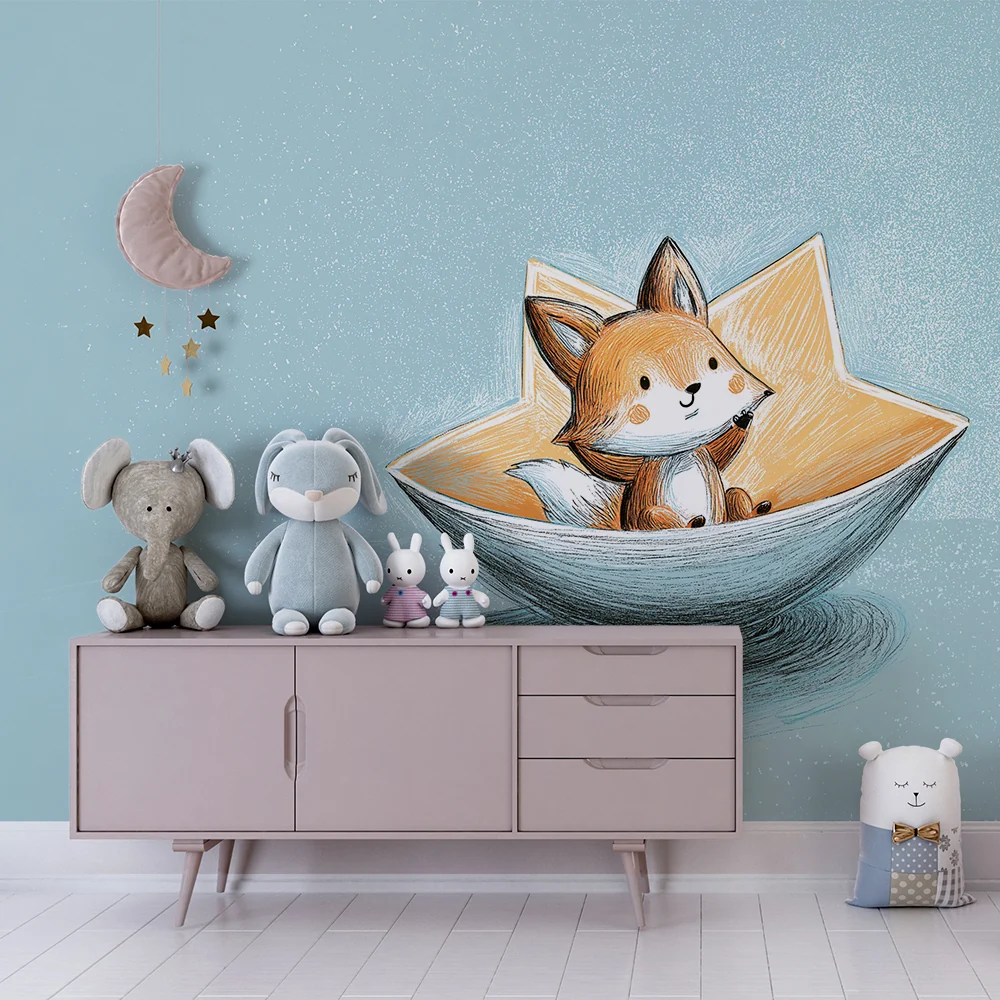 Papel de parede quarto bebê | Simpático raposinho em um barco estrelado