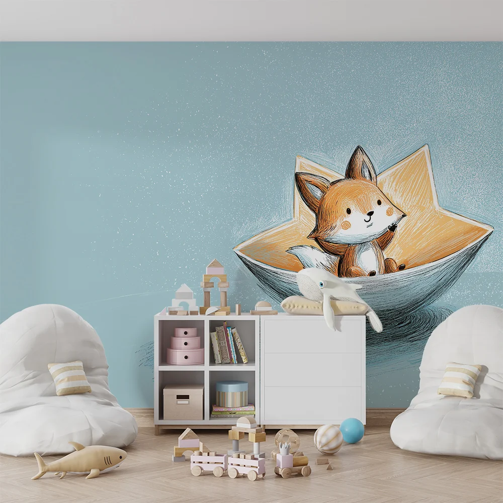 Papel de parede quarto bebê | Simpático raposinho em um barco estrelado