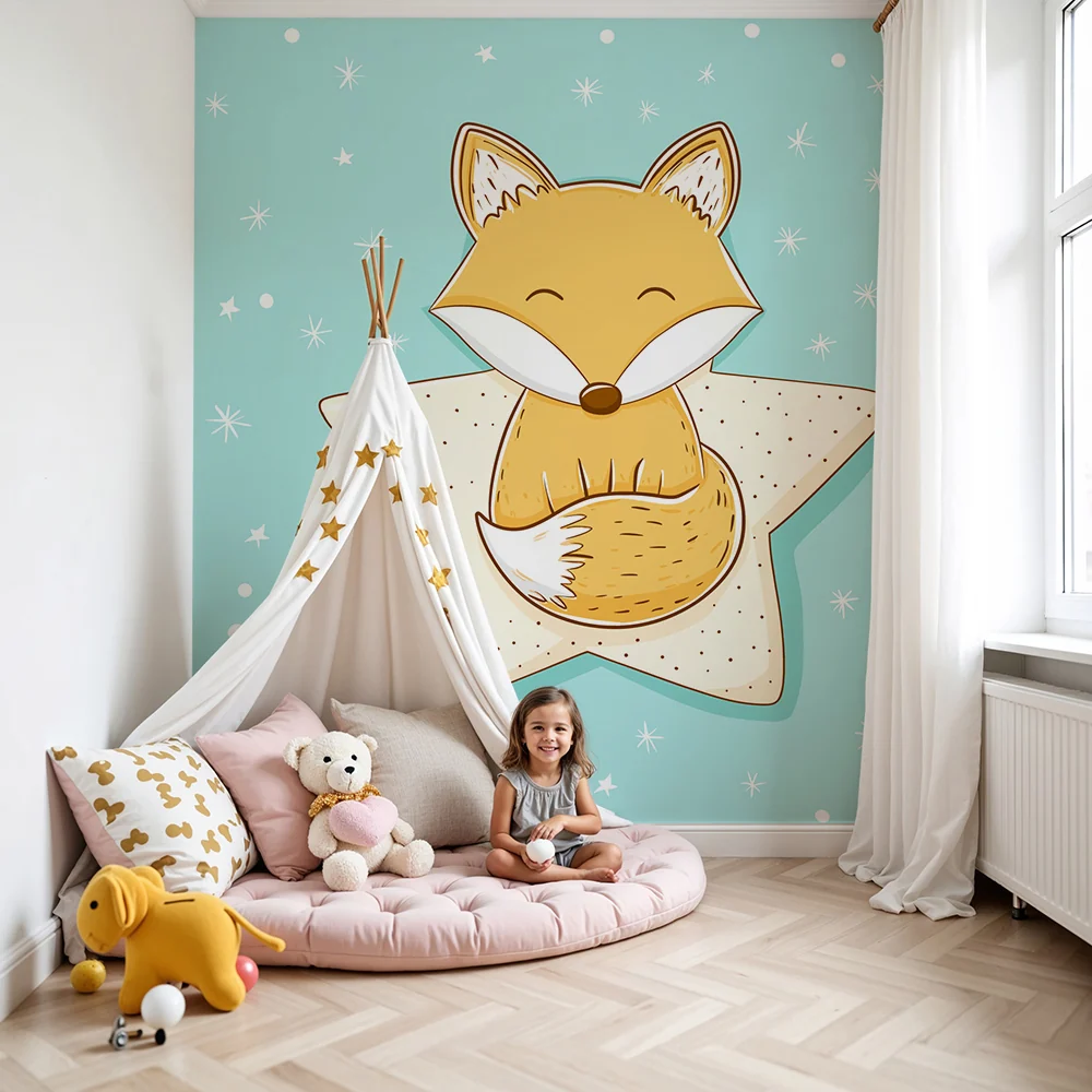 Papel de parede quarto bebê | Simpático raposinho em uma estrela com fundo azul pastel