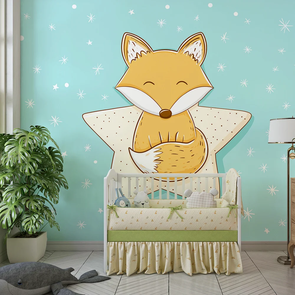 Papel de parede quarto bebê | Simpático raposinho em uma estrela com fundo azul pastel