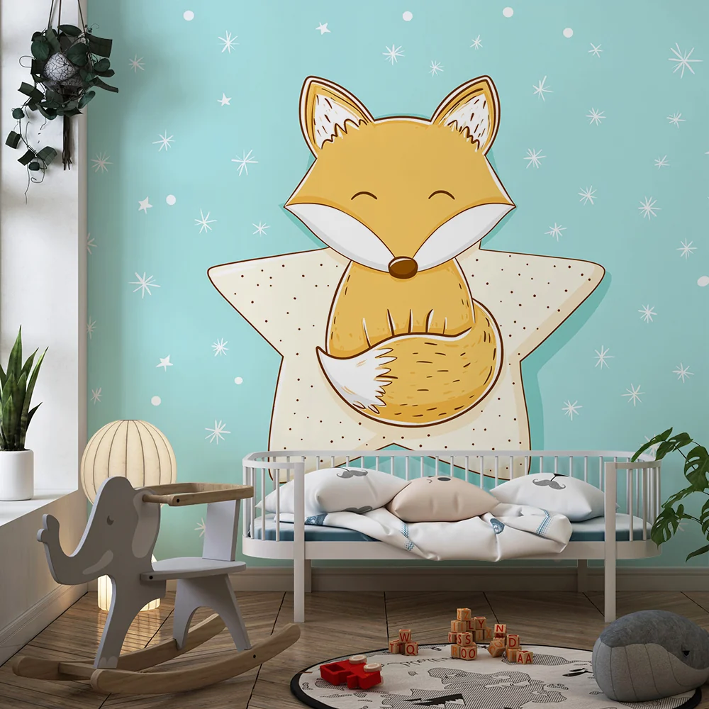 Papel de parede quarto bebê | Simpático raposinho em uma estrela com fundo azul pastel