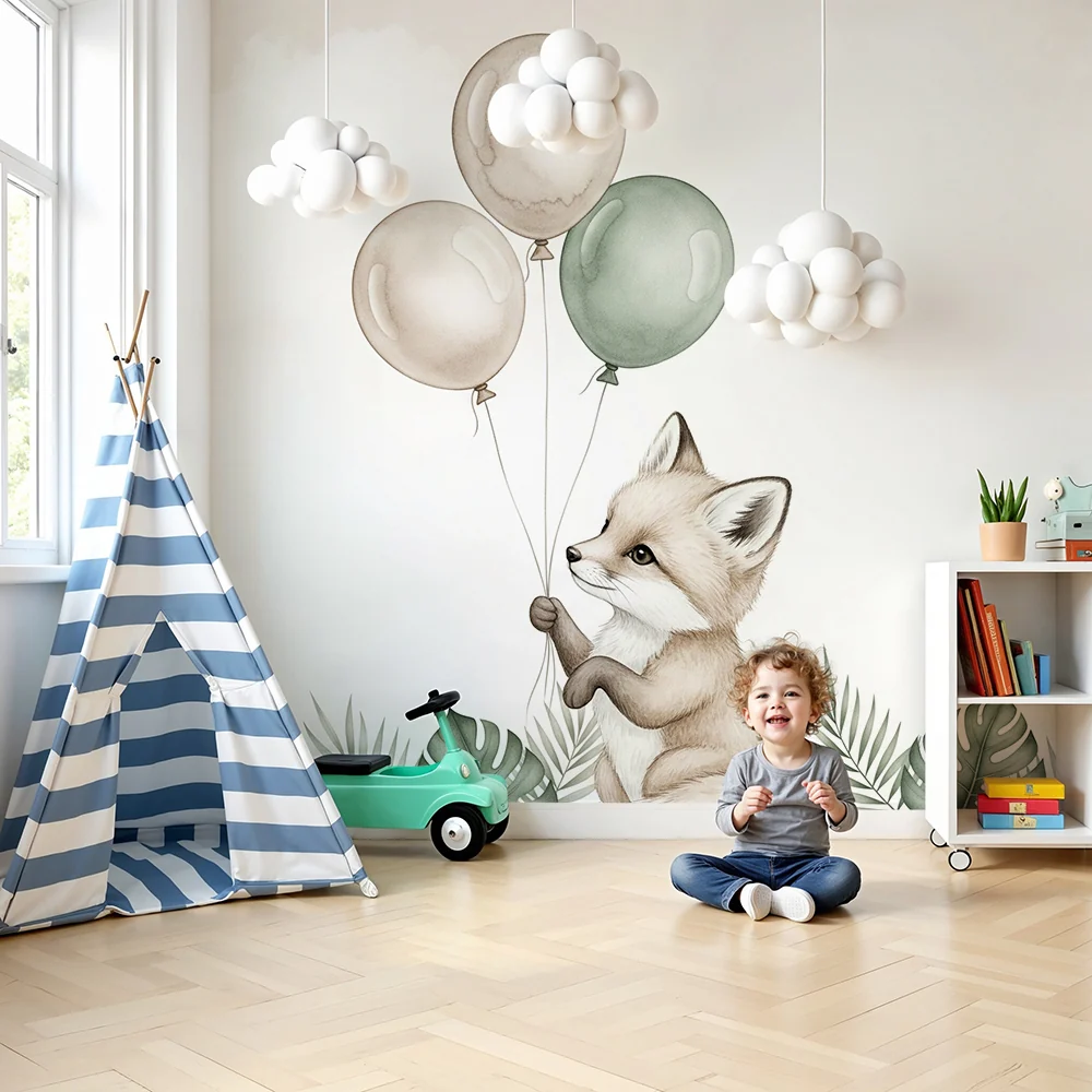 Papel de parede quarto bebê | Simpático raposinho com balões